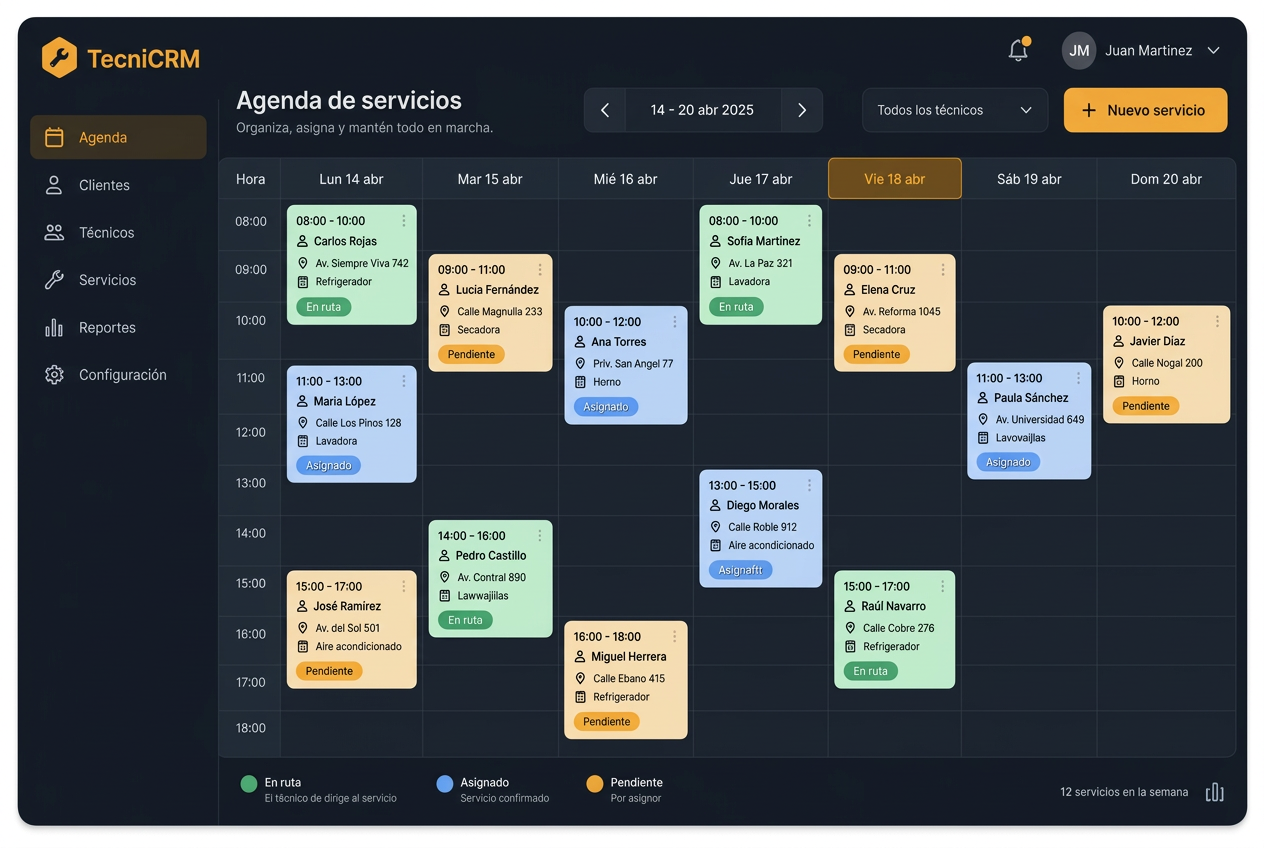Agenda semanal de servicios con estados de cada aviso