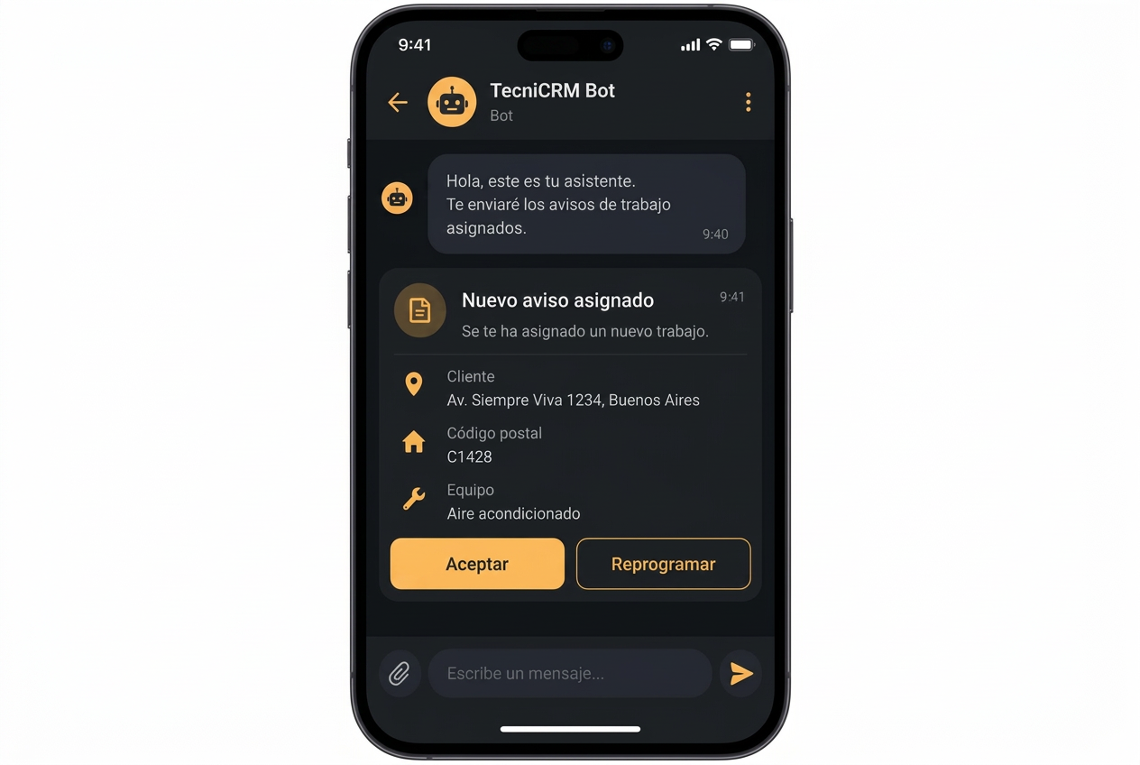Aviso de trabajo enviado al técnico por el bot de Telegram